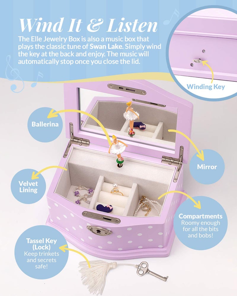 Art Lins Elle Jewelry Box - Ballerina Jewelry Organizer and Swan Lake Wind-Up Music Box for Girls and Teens, Accessories and Keepsake Wooden Storage with Lock and Mirror, Charming Room Decor and Gift, Small - Image 3